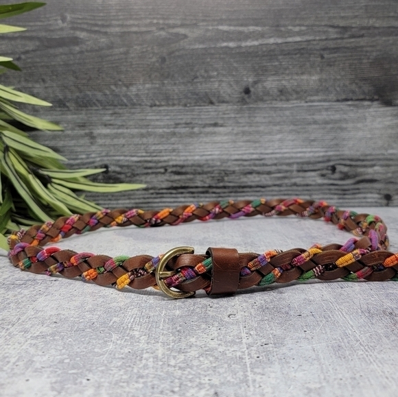 Vintage 90s 00s Brown Leather & Multicolor Fabric Braided Belt - Picture 1 of 4